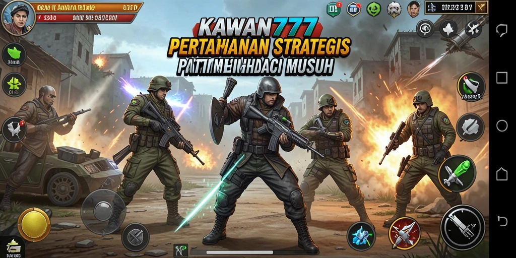 Screenshot gameplay KAWAN777 menunjukkan serangan musuh dengan menara pertahanan aktif.