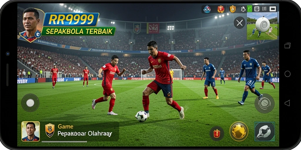 Screenshot gameplay RR999 menampilkan aksi seru di lapangan sepakbola.